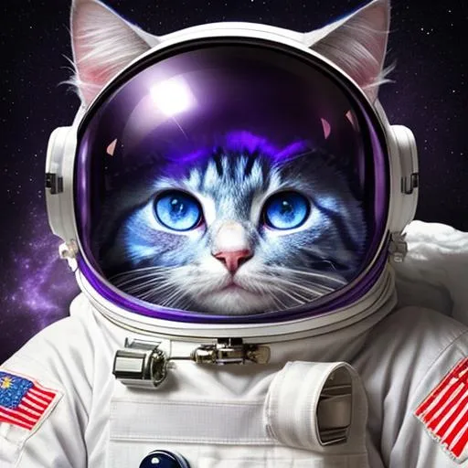 Prompt: Fluffy, purple cat wearing an astronaut helmet, bright blue eyes