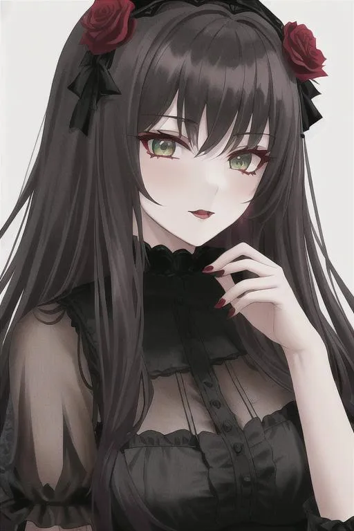 Prompt: A gothic-style woman, mid-length red hair that has black shading with a white rose headband. 
She has green eyes and black lips.
She wears black and red gothic clothing.
Expression of disdain on her face.
Best quality, perfectly proportioned body, excellent quality clothes, excellent quality face.