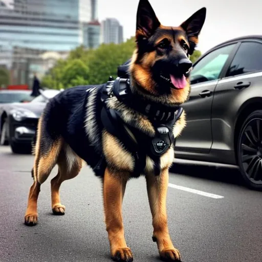 Prompt: A German Shepherd wearing spy gear, spy gear, blur the background, a fancy black car in the midground behind the dog, have a gun attached to the side of the dogs vest