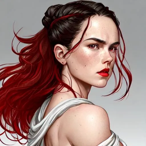 Prompt: daisy ridley as rey from star wars {female character}, back to audience, longshot, flowing dark hair + flowing white robes + intense red glow , {{back to camera}}, hyperrealistic, dark fantasy, soft light, concept art, zoom in, over shoulder, luis royo, red lips