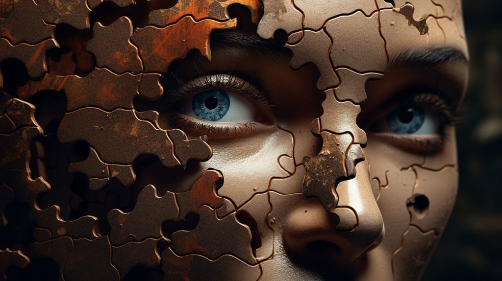 Prompt: a close up of a puzzle piece with a woman's face, a jigsaw puzzle, inspired by Igor Morski, trending on pixabay, digital art, beautiful decay, portrait of a mechanical girl, covered in dirt, many pieces, 5 0 0 px models, post process in photoshop, carson ellis, portait photo profile picture, facial portrait, by greg rutkowski