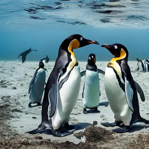 Prompt: Penguins in beach dive in to water