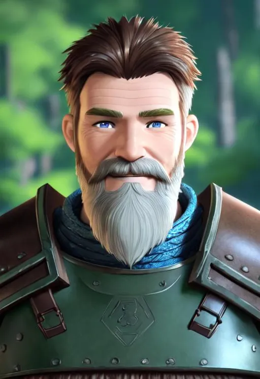 Prompt: Digital Art, 40-year-old viking man, brown hair, medium length wavy hair, subtle smile, a couple of wrinkles short trimmed beard, short trimmed mustache, brown eyes, blue gear, yellow armor, unreal engine 8k octane, 3d lighting, full body, full armor