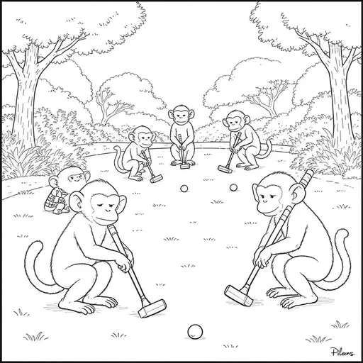 Prompt: create a black and white outline image of monkeys playing croquet that is colorable can you make sure they all have the correct number of arms/ legs