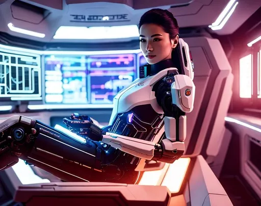 Prompt: a spaceship pilot with robotic arms and legs, laying down in a chair, in a cyberpunk setting, cyborg, implants, high details, realistic , professionally colour graded, photorealism, 8k, grim dark lighting, art by sakimichan