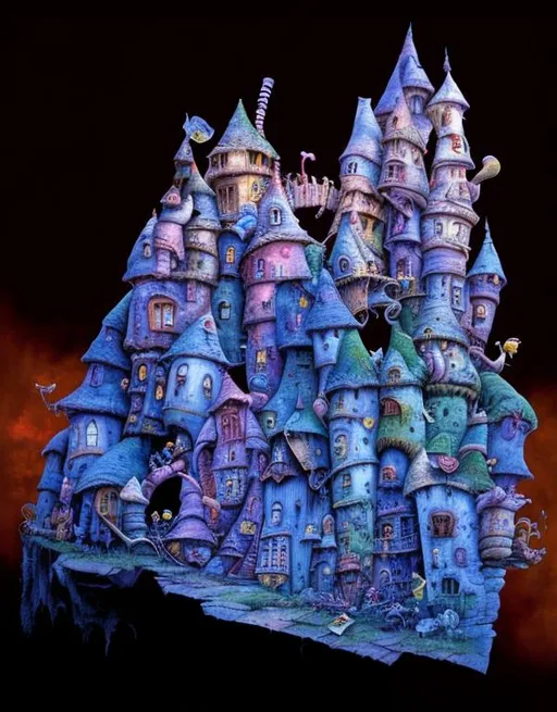 Prompt: A whimsical patchwork of a funny crooked castle. By Dr Seuss, Tim Burton, Jacek yerka, Megan Duncanson, Vladimir kush, Joe Fenton and wojtek siudmak. Very detailed, intricate. High quality