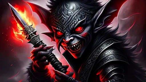 Prompt: {{{Small Male Goblin with Red eyes and pointed teeth}}}, {{Holding a black dagger}}, {Sinister, Evil}, High Quality, Hyper Detailed, Intricate Detail, Dark Colors