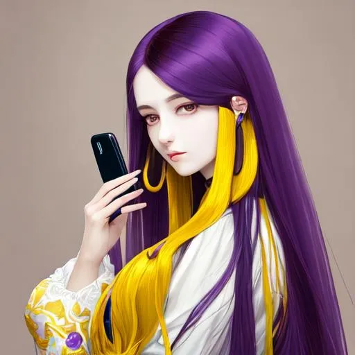 Prompt: a potrait of  aesthetically beautiful 
porceline lady with yellow and purple long hair with phone

