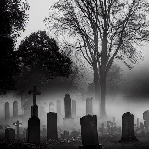 Prompt: grave yard, cemetery, dark, fog, scary, creepy, night, 