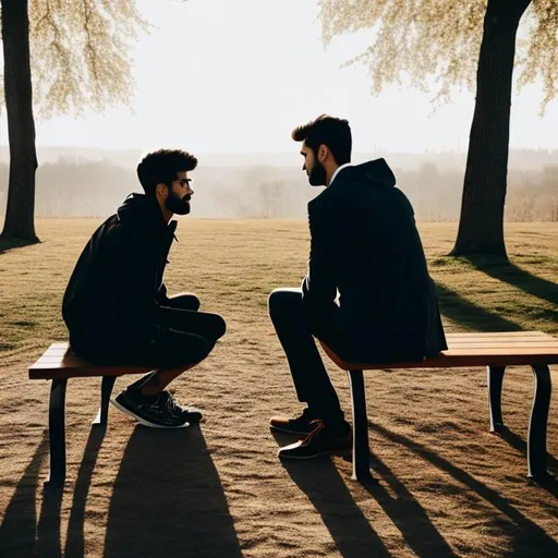 Prompt: Two questions facing each other on top of a bench