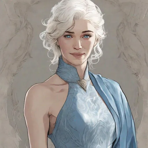 Prompt: Game of Thrones Female with short shoulder-length white hair, No necklace, Lucious thicker lips, Intimidating blue eyes with tongue out smirking, Member of House Arryn, wearing a translucent dress, dirty body