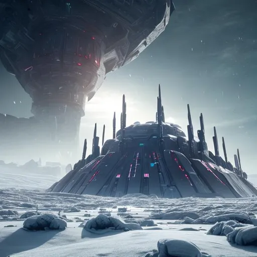 Prompt: Gigantic futuristic fortress in the middle of an icy tundra landscape, 8k, cinematic, shadowy, snowy, with sentinel robots