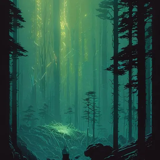 Prompt: in this forest dark and deep i offer you eternal sleep in the style of john harris and kilian eng by moebius, atmospheric, line art, cinematic, god rays