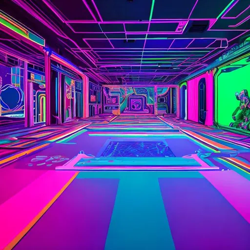 Prompt: infinite space,arcade,neon,pink,purple,rainbow,pool,liminal space,backrooms