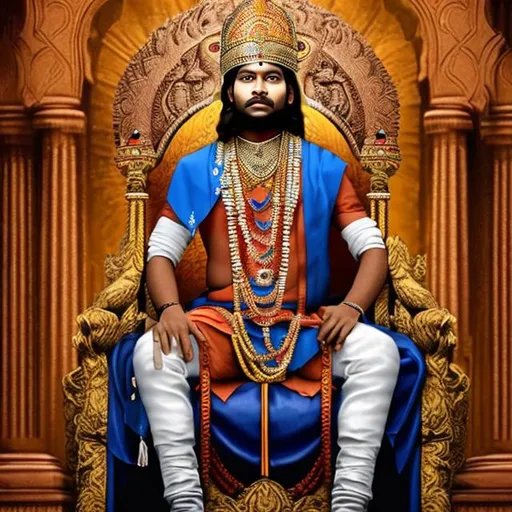 Prompt: A young fair strong indian king sitting in throne 