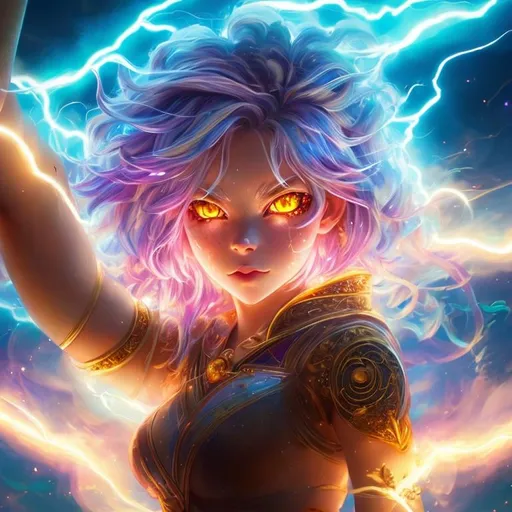 Prompt: an lightning dragon girl, anime lightninggirl, golden eyes, lightning horns, using lightning powers, 4wings, silver top, tight shorts, voluminous thick white hair, light makeup, smooth soft skin, big dreamy eyes, beautiful intricate colored hair, symmetrical, anime wide eyes, beautiful eyes, soft lighting, detailed face, by makoto shinkai, stanley artgerm lau, wlop, rossdraws