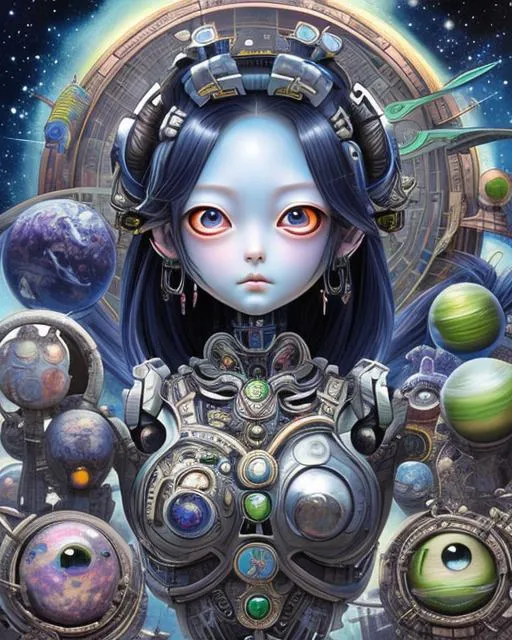 Prompt: robot girl with eyes and head of planets, in the style of the stars art group (xing xing), hyper-detailed illustrations, gadgetpunk, psychedelic manga, realistic figurative paintings, detailed world-building, culturally diverse elements