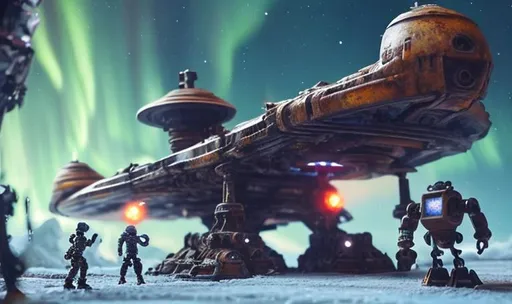 Prompt: huge old rusty spaceship getting repaired  by robots ice planet sparks fire welding people working aurora many colours   guard drinking milk enhance detail turret on spaceship real 