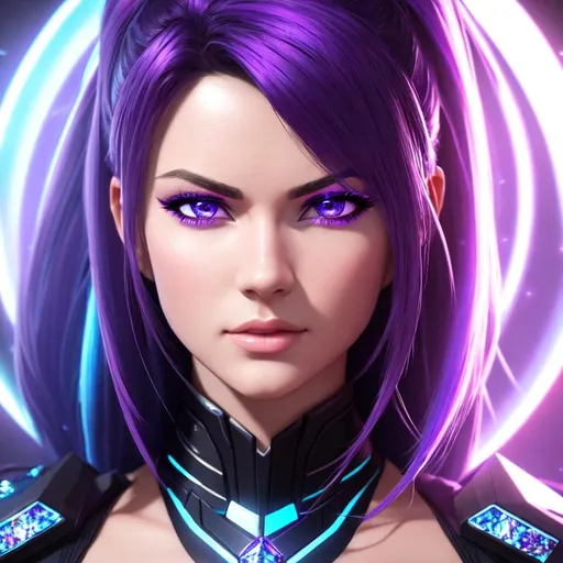Prompt: {{{{highest quality concept art masterpiece}}}} 64k, octane render, 3d, extremely realistic, female, boyish, purple, blue, white, red, energy, full body, rule of thirds, perfect face, perfect eyes, crystals, multicolored, powerful, intense, aggressive face, bright white light
