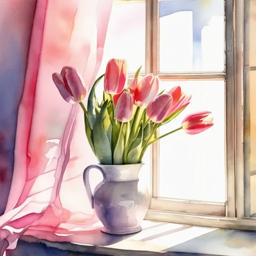 Prompt: watercolor still life tulips pink, background window with morning sun