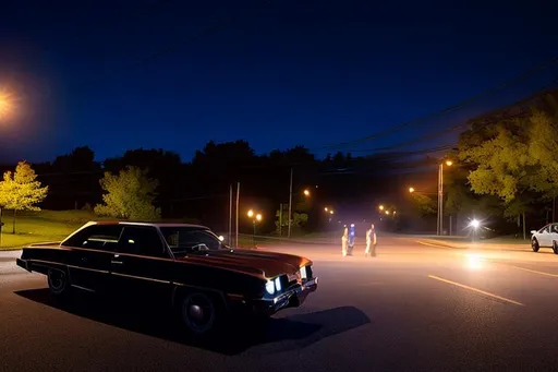 Prompt: An intersection in Pittsfield, Massachusetts of a car stopped,  its driver door open, and a passenger seated. In the style of Gregory Crewdson.