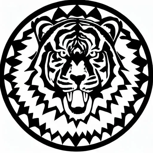 Prompt: The logo features a tiger with marigold flowers in its fur, standing under a half moon. The design is elegant and modern, with a minimalist color scheme featuring black, white, and golden yellow.