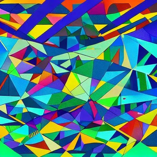 Prompt: Geometric landscape different environments fused with different seasons trippy bold colors in space