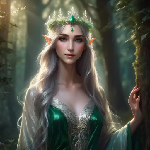 Prompt: Adult slim female elf royalty, graceful posture, ethereal elegance, adorned in intricate silver and emerald robes, wearing a delicate crown, long flowing hair adorned with flowers, serene expression, surrounded by enchanted forest backdrop, magical soft lighting highlighting her features, enchanting atmosphere, mystical aura, ultra-detailed, high quality.