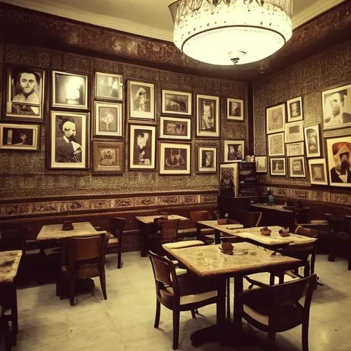 Prompt: Please provide me with a photo of a Persian cafeteria where many old famous artists' photos hang on its wall. It seems that I am in that cafeteria, ordered a coffee, and I'm stirring it with a spoon. The photo should be like I'm taking the photo with my camera.