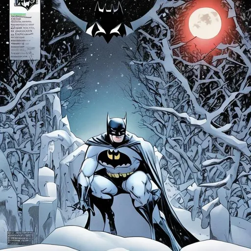 Prompt: Create comic book  cover of BATMAN as a snowman, kneeling on one knee, in a snow covered grove, full moon shining 