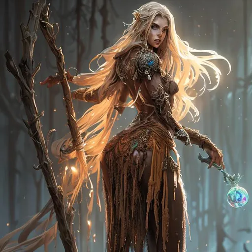 Prompt: Full body splash art of a female zombie, thin and emaciated, slightly decayed, long dirty blonde/brown hair, wearing long iridescent robes, carrying a wooden staff, D&D, fantasy, highly detailed, sharp focus, digital painting, artstation, 4k, 8k