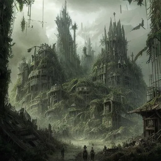 Prompt: post apocalyptic medival fantasy city in a huge forest jungle
