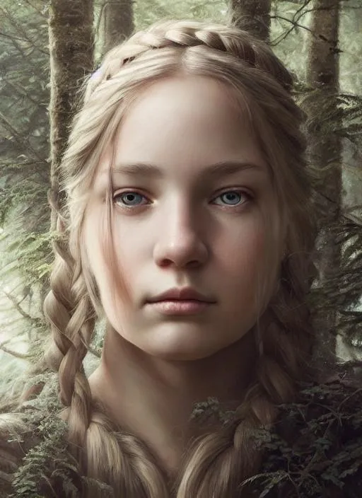 Prompt: Portrait of young girl, Nordic origin with braided long blonde hair, grey eyes and with cute face, in the forest, perfect composition, hyperrealistic, super detailed, 8k, high quality, trending art, trending on artstation, sharp focus, studio photo, intricate details, highly detailed, by greg rutkowski
