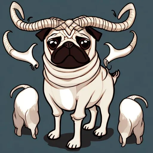 Prompt: Draw a pug with goat horns and goat hooves