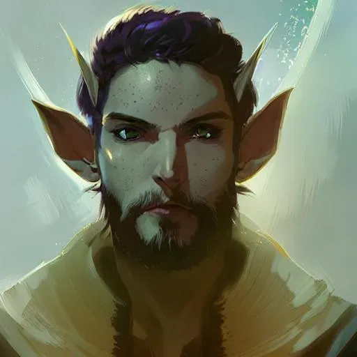 Prompt: High detailed portrait, digital art style, comic book style, anime style, fantasy world, elf ears, short dark purple hair, male, by greg rutkowski and alphonse mucha, sharp focus, 
