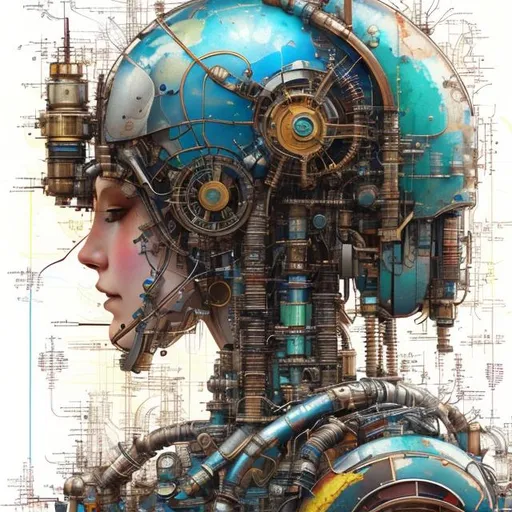 Prompt: scientific illustration schematic:: circuit diagram of the internal workings of a colorful steampunk young female robot with a cute robot girl face:: liquid oil blueprints by Ismail Inceoglu and Leonardo da Vinci :: intricately detailed :: Photorealism ::hyperrealism:: sharp lines :: a masterpiece , watercolor 