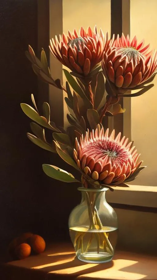 Prompt: A still life with a protea in a vase, done in the style of a loose oil painting, lit by sunlight with a fresh feel 