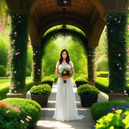 Prompt: A beautiful woman standing in a breathtaking garden, symmetrical face, freckles, top lighting, wide angle lens, beams and pillars, herbs, light rays, subsurface scattering, flowers, ivy plants, full body