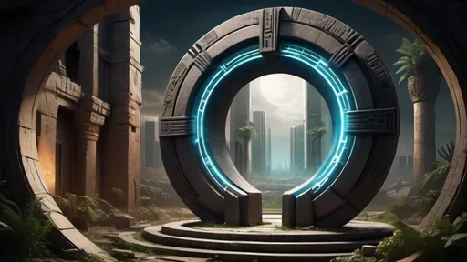 Prompt: magical portal between cities realms worlds kingdoms, circular portal, ring standing on edge, upright ring, freestanding ring, hieroglyphs on ring, complete ring, ancient babylonian architecture, gardens, ruins, turned sideways view, futuristic cyberpunk tech-noir setting