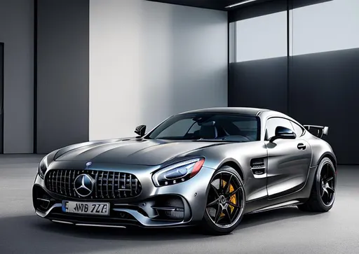 Prompt: Mercedes Benz AMG GT, parked in a bright spacious show room, no other cars. intricate car details, perfect wheel details. high contrast shadow, highly focused, dynamic angle. shining car panels. 