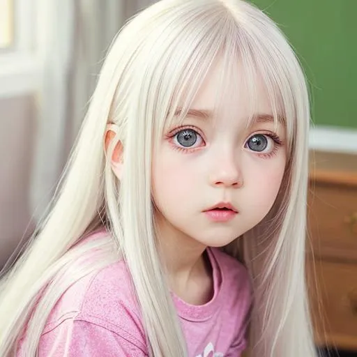 Prompt: Highly detailed anime realistic art of a full body image of a young russian girl cute, long straight white hair,  big eyes looking up towards the camera, age=4, green t-shirt, pink panties, adorable, cute sleepy, yawn, (full body), flat chest, child, living room