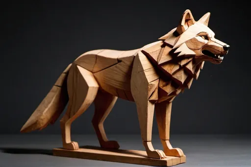 Prompt: a flat figure of a wolf made of wood