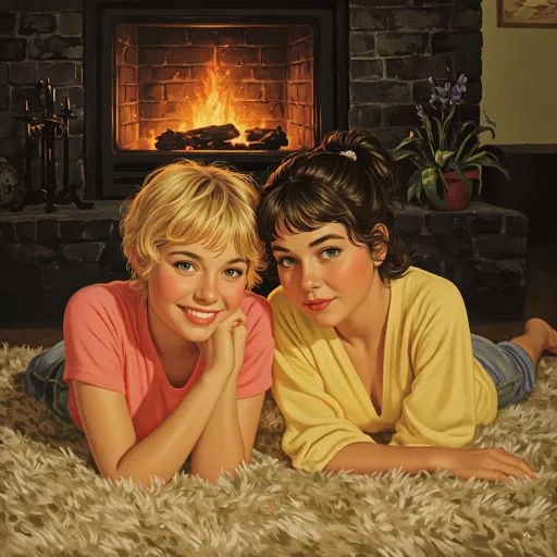 Prompt: 60's retro-inspired painterly aesthetic, soft semi-realism with warm tones and smooth brush strokes, evoking 1960s American illustration
a firelit nighttime living room with fireplace.
Two whimsical girls in their late teens, (((lying on their stomachs side by side))), on top of a fuzzy rug, close together, exuding youthful confidence and charm. Styled after 60's fashion, One has short tousled blonde hair and a bold, cheeky grin with a sparkle in her eyes; the other has loosely tied dark brunette hair and a youthfully warm, inviting smile with a hint of curiosity. Both display natural, cute beauty — softly defined jawlines, expressive eyes, and elegant, playful expressions. Their dynamic posture and eye contact with viewer suggest deep friendship and spontaneous joy. The image is styled in a 60's-inspired painterly aesthetic, soft semi-realism with warm tones and smooth brush strokes, evoking 1960s American illustration but with modern facial proportions and mature allure. Keep the background minimal to focus attention on facial expression, posture, and personality. Emphasize adult femininity, playfulness, and subtle glamour.