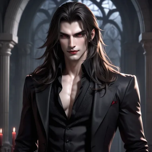 Prompt: a handsome male vampire with a slender body and long hair