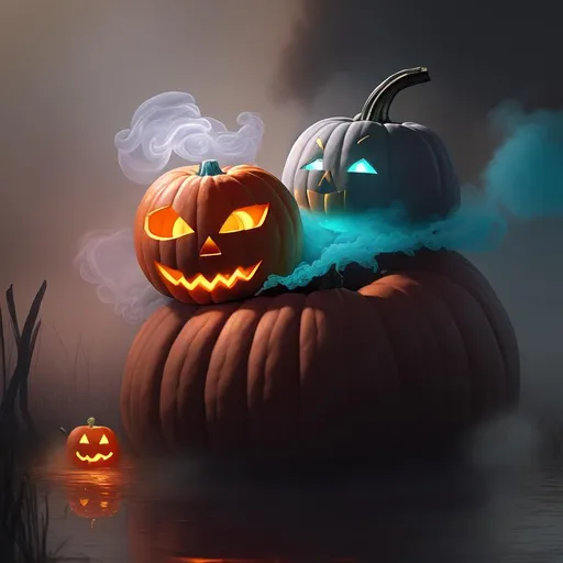 Prompt: high detail digital painting of a carved pumpkin glowing cyan in a misty swamp from far away. glowing smoke is rising from the pumpkin's face. hyperrealistic