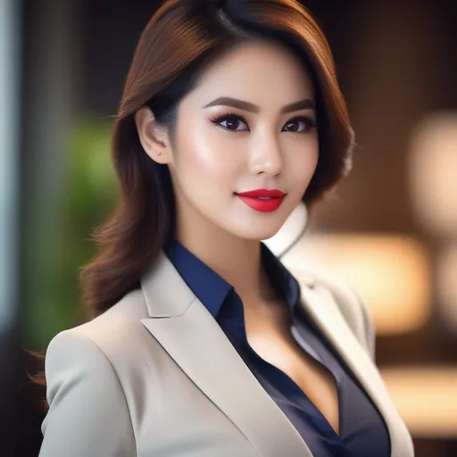 Prompt: pretty busty Indonesian woman, 25 year old, (round face, high cheekbones, almond-shaped brown eyes, epicanthic fold, small delicate nose), in a suit with shirt open to waist, posing for a picture, action pose, computer graphics by Du Jin, dribble, superflat, elegant, hd, stylish