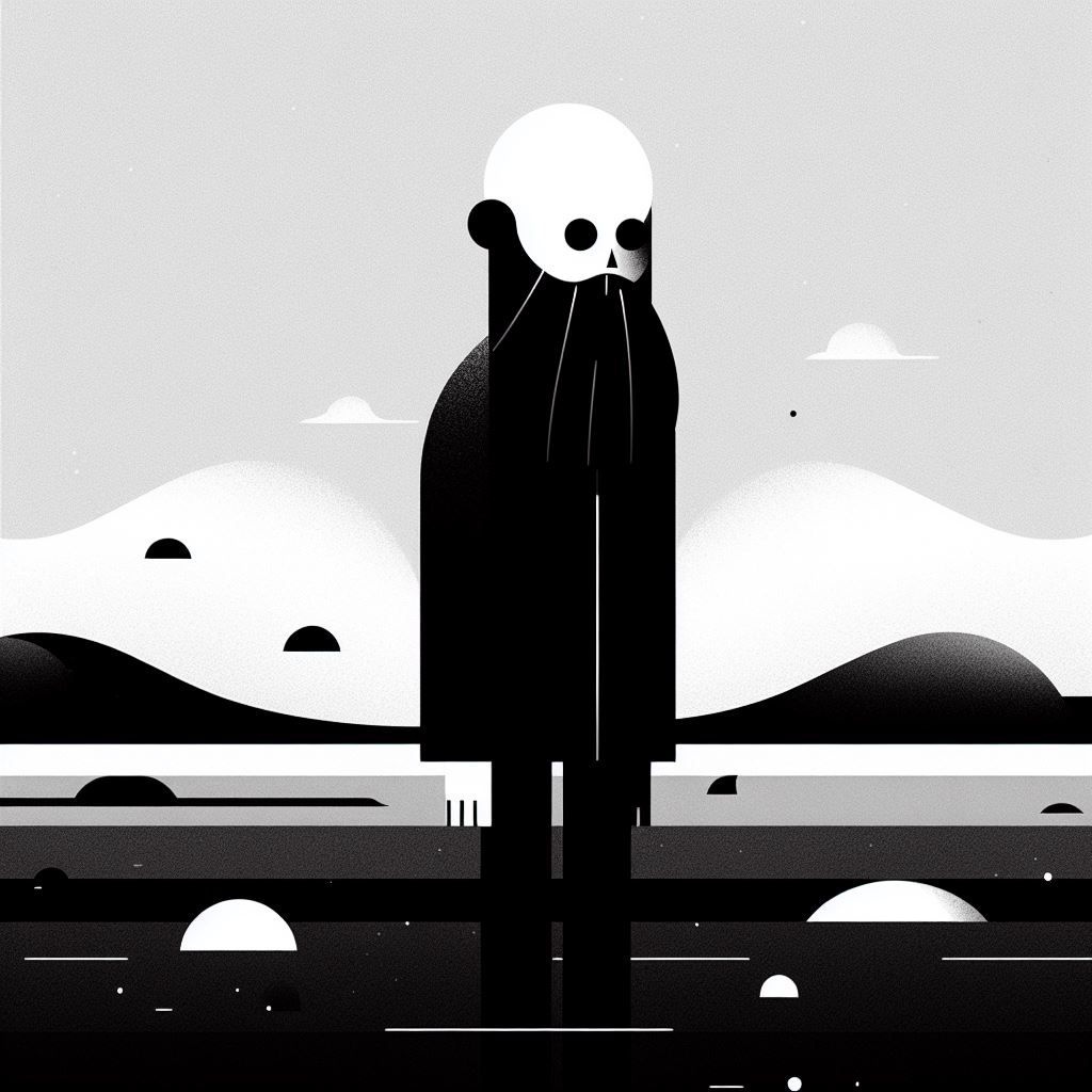 Prompt: a black and white figure with a beard is standing on a flat landscape, in the style of jeff soto, animated gifs, clockpunk, use of light and shadow, circular shapes, emotive faces, yumihiko amano