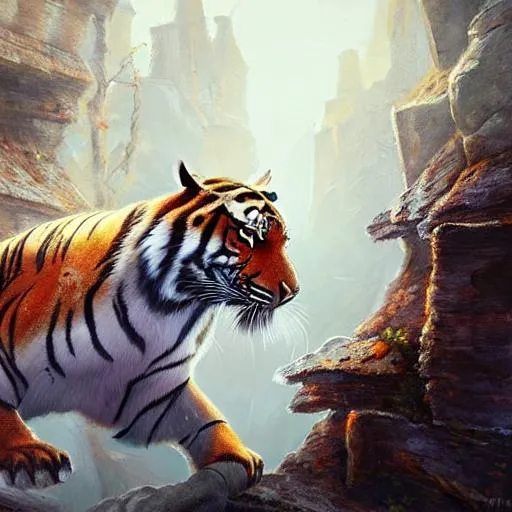 Tiger in the rain. 3D rendering. Digital painting., Ai Generative