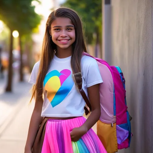 Prompt: photorealistic portrait of a cute 15-year-old transgender girl, smiling, with brown hair, in a trans-flag-colored t-shirt with a maxi-skirt, wearing dress sandals, wearing a pink backpack, on a suburban sidewalk