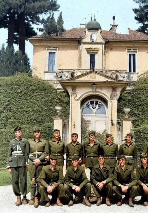 Prompt: Color photo of 12 Italian World War II soldiers in front of a luxurious manor. 